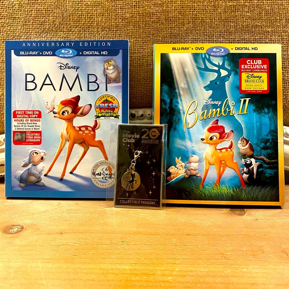 NIB Disney Movie Club 20th Anniversary Bambi, Bambi 2, and Collectible Pendant